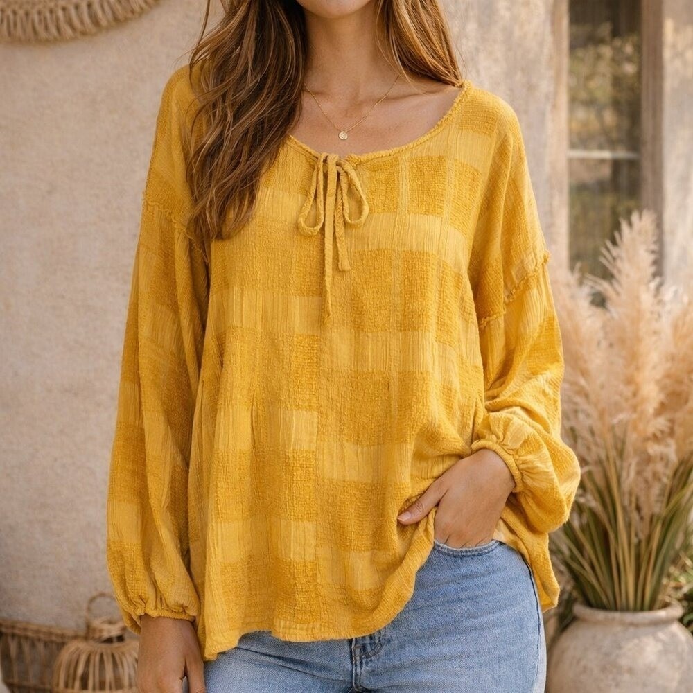 Umgee Goldenrod Chenille Cotton Tie Boho Peasant Relaxed Pullover Top SZ Medium
